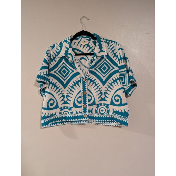 Haute Hippie Tops - Women's Haute Hippie Button Down Shirt M White Teal Linen Blend